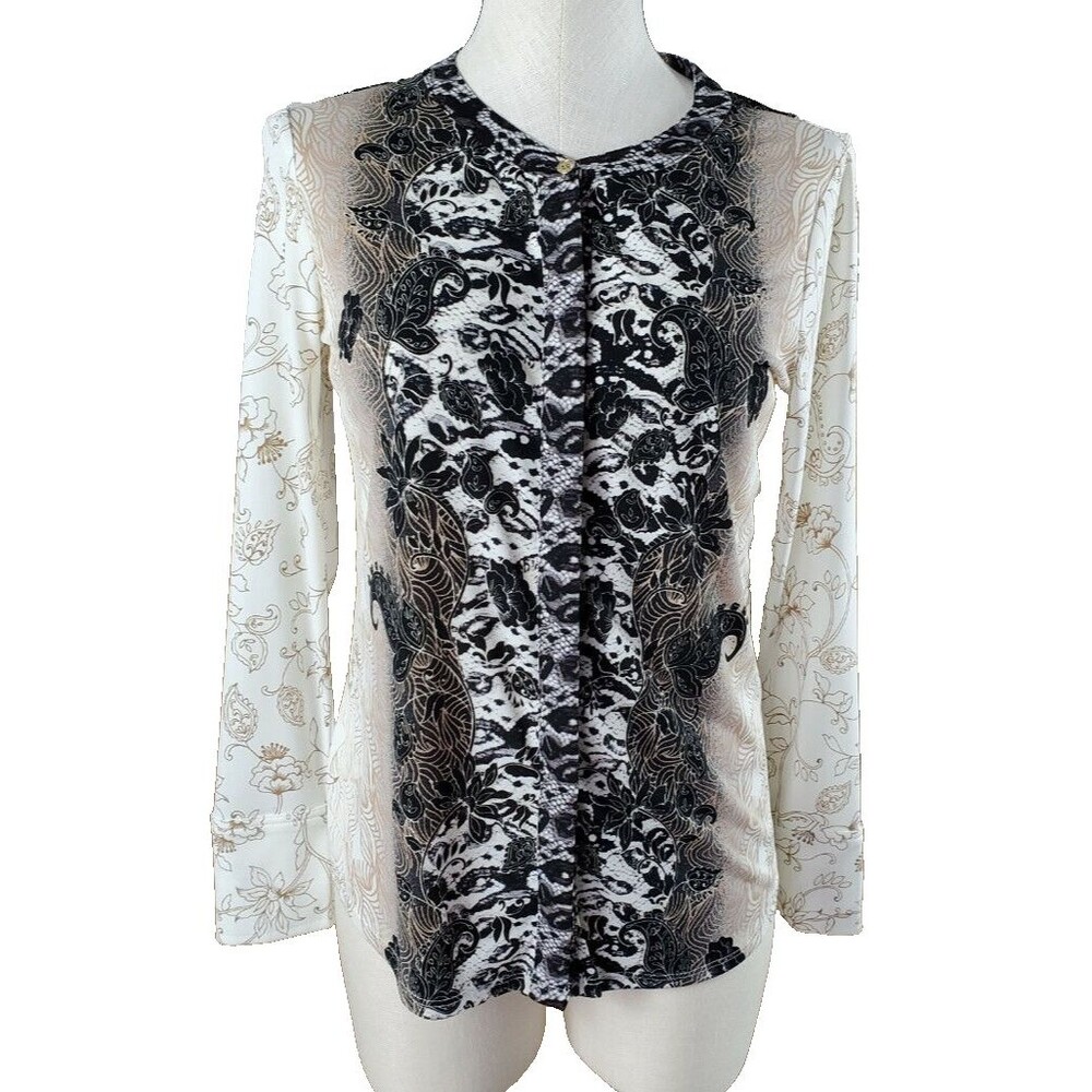 Dana Buchman Womens Black Beige Floral Knit Top Size S Boho Chic Career - Picture 1 of 7